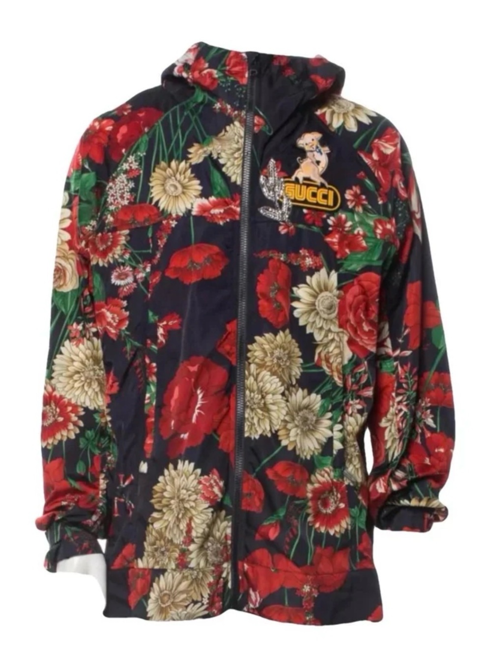 BNWT AUTHENTIC GUCCI BlUE Floral Zip jacket with Red & Cream Blooms and appliqué